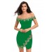 Gold Lace Applique Green Off Shoulder Mini Dress