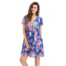 Royal Blue Pocket Design Summer Floral Shirt Dress