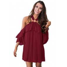 Burgundy Adorable Sexy O Ring Detail Ruffle Dress