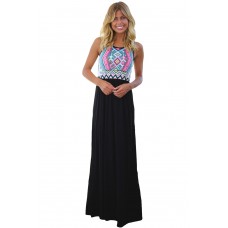 Stylish Tribal Print Sleeveless Black Maxi Dress