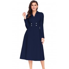 Navy Vintage Button Collared Fit-and-flare Dress