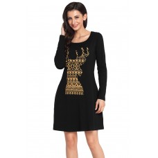 Geometric Snowflake Reindeer Black Christmas T-shirt Dress