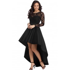 Black Long Sleeve Lace High Low Satin Prom Dress