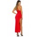 Red Side Slit Lace Trim Party Dress