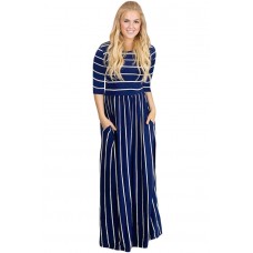 Navy White Striped Casual Pocket Style Maxi Dress