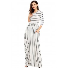 White Black Striped Casual Pocket Style Maxi Dress