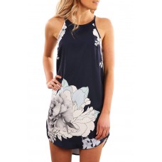 Blooming Peony Print Navy Sleeveless Dress