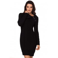 Asymmetric Buttoned Collar Black Bodycon Sweater Dress