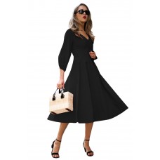 Black Button Front Balloon Sleeve Vintage Dress