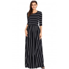 Black White Striped Casual Pocket Style Maxi Dress