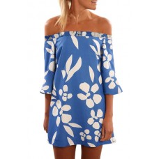 Blue Off Shoulder Floral Print Boho Dress