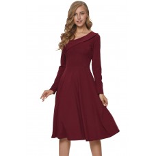 Burgundy Retro Inspired Asymmetric Collar Flared Dress