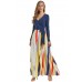 Blue Long Sleeve Yellowish Striped Skirt Maxi Dress