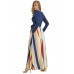 Blue Long Sleeve Yellowish Striped Skirt Maxi Dress