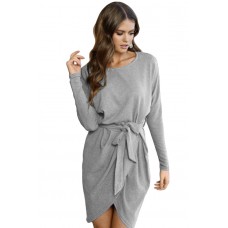 Gray Casual Tie Waist Long Sleeve Mini Dress