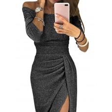 Black Metallic Glitter Off Shoulder Formal Dress