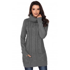 Gray Cowl Neck Cable Knit Sweater Dress