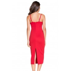 Red Plunging V Neck Midi Dress