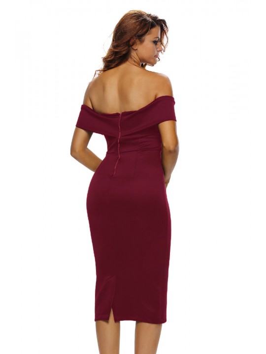 Burgundy Off-the-shoulder Midi Dress