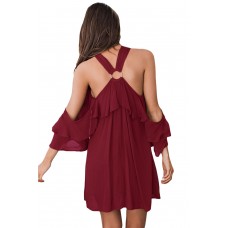 Burgundy Adorable Sexy O Ring Detail Ruffle Dress