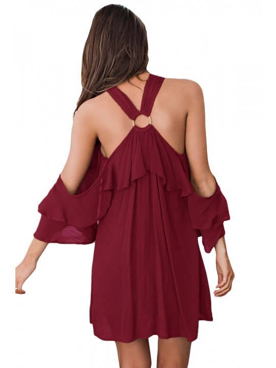 Burgundy Adorable Sexy O Ring Detail Ruffle Dress