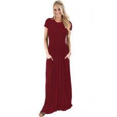 Wine Short Sleeve Ruched Waist Maxi Dress