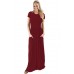 Wine Short Sleeve Ruched Waist Maxi Dress