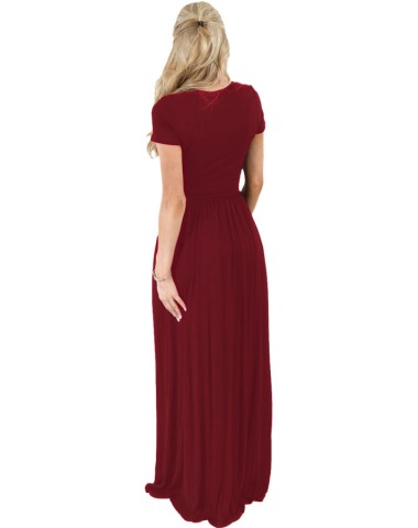 Wine Short Sleeve Ruched Waist Maxi Dress