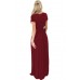 Wine Short Sleeve Ruched Waist Maxi Dress