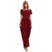 Wine Short Sleeve Ruched Waist Maxi Dress