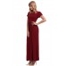 Wine Short Sleeve Ruched Waist Maxi Dress