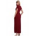 Wine Short Sleeve Ruched Waist Maxi Dress