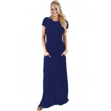 Navy Blue Short Sleeve Ruched Waist Maxi Dress