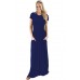 Navy Blue Short Sleeve Ruched Waist Maxi Dress