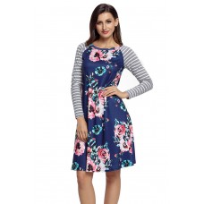 Dark Blue Floral Print Stripe Raglan Sleeve Dress