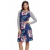 Dark Blue Floral Print Stripe Raglan Sleeve Dress