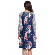 Dark Blue Floral Print Stripe Raglan Sleeve Dress