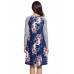 Dark Blue Floral Print Stripe Raglan Sleeve Dress