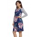 Dark Blue Floral Print Stripe Raglan Sleeve Dress