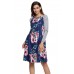 Dark Blue Floral Print Stripe Raglan Sleeve Dress