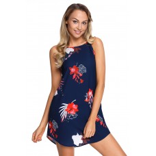 Blooming Red Flower Print Navy Sleeveless Dress