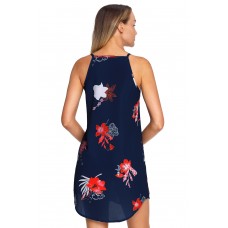 Blooming Red Flower Print Navy Sleeveless Dress