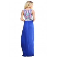 Stylish Aztec Print Sleeveless Royal Blue Maxi Dress