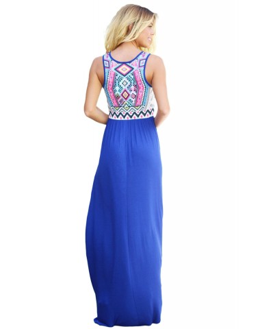 Stylish Aztec Print Sleeveless Royal Blue Maxi Dress