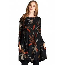 Black Feather Graphic Pocket Tunic Dress