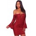 Purplish Red Crochet Overlay Off The Shoulder Fitted Mini Dress