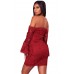 Purplish Red Crochet Overlay Off The Shoulder Fitted Mini Dress