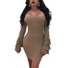 Brown Off The Shoulder Ruffled Sleeve Ribbed Mini Dress