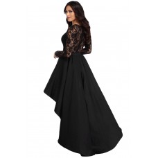 Black Long Sleeve Lace High Low Satin Prom Dress