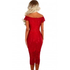 Red Lace Bardot Midi Dress